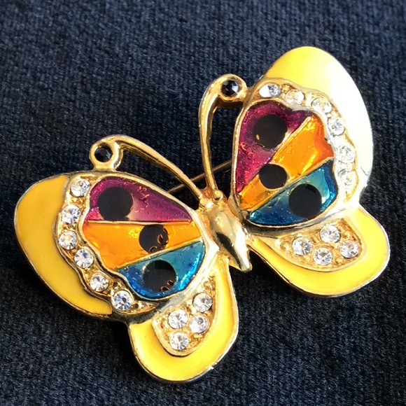 Yellow Enamel/Austrian Crystal Butterfly Brooch - Picture 1 of 3